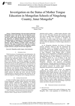 Investigation on the Status of Mother Tongue Education in Mongolian Schools of Ningcheng Country, Inner Mongolia*