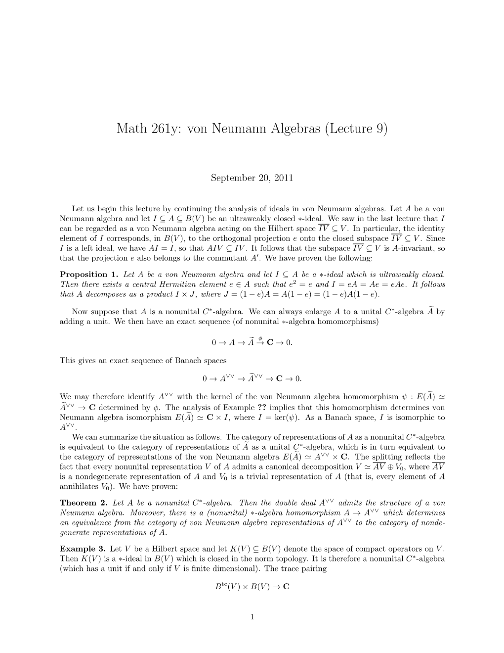 Math 261Y: Von Neumann Algebras (Lecture 9)