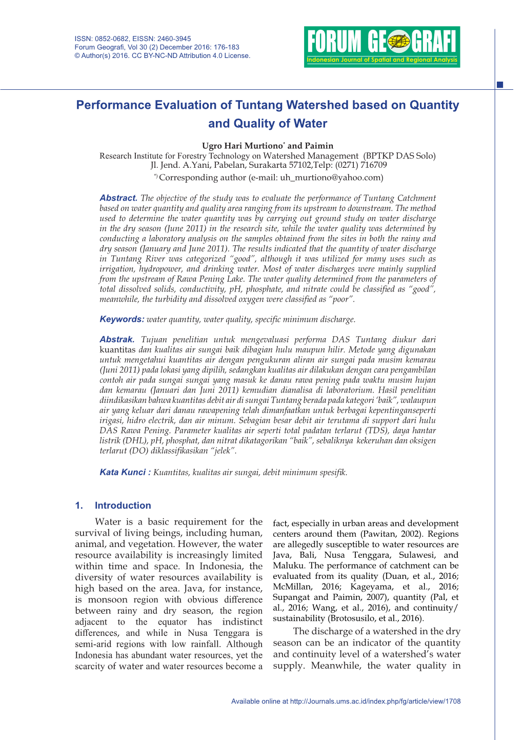 Performance Evaluation of Tuntang Watershed Based on Quantity and Quality of Water