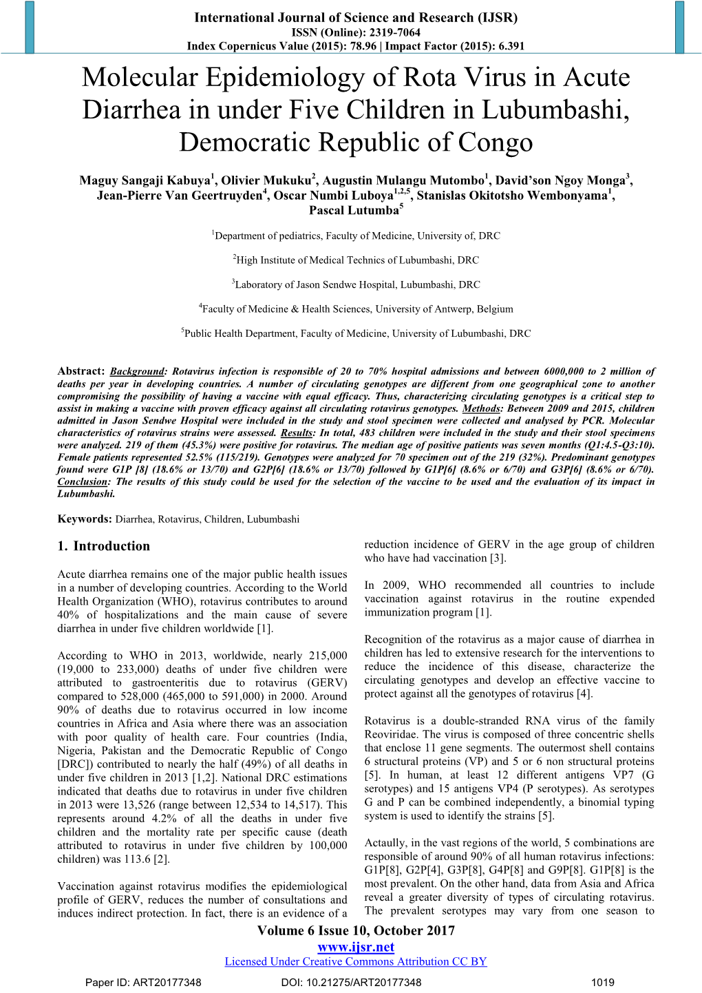 Molecular Epidemiology of Rota Virus in Acute Diarrhea in Under Five Children in Lubumbashi, Democratic Republic of Congo