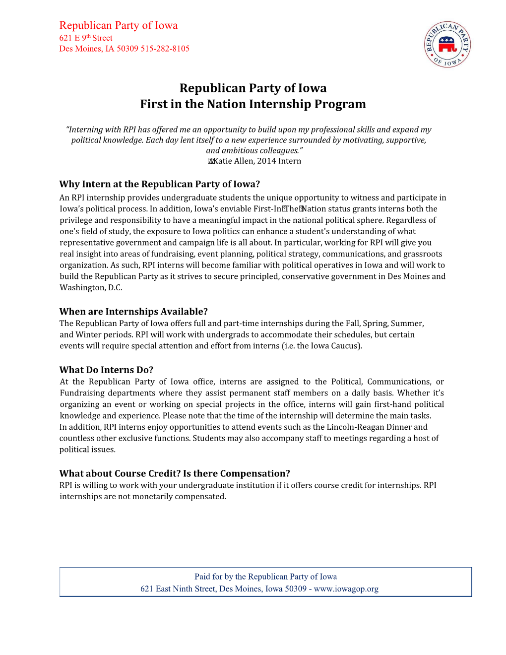 Republican Party of Iowa First in the Nation Internship Program