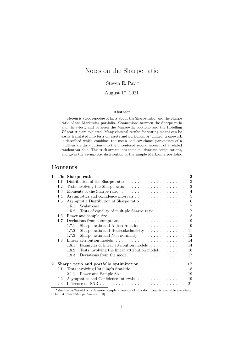 Notes on the Sharpe Ratio