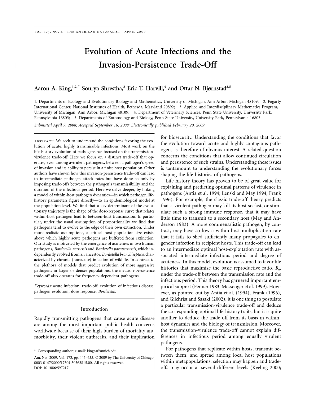 Evolution of Acute Infections and the Invasion-Persistence Trade-Off