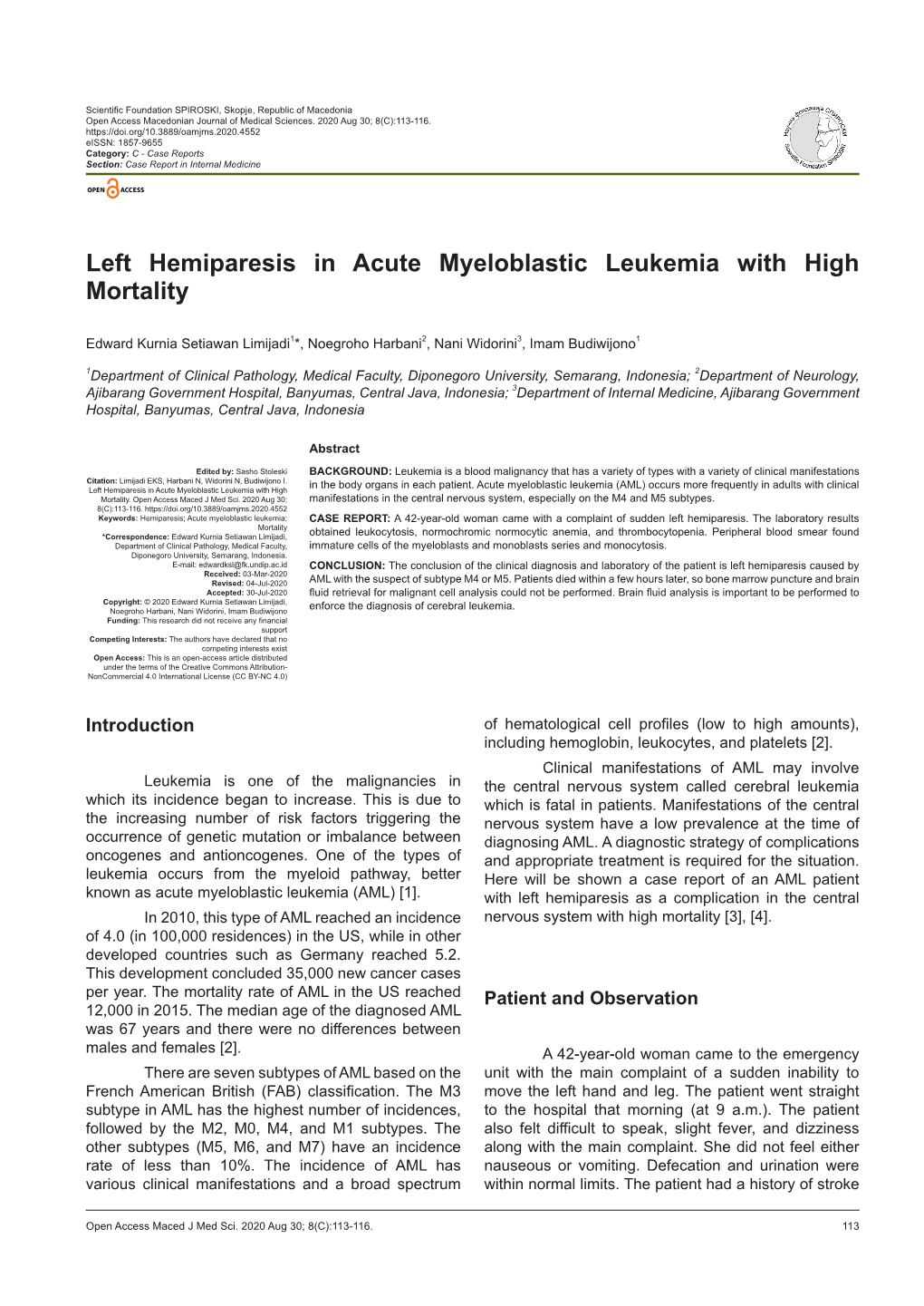 Left Hemiparesis in Acute Myeloblastic Leukemia with High Mortality