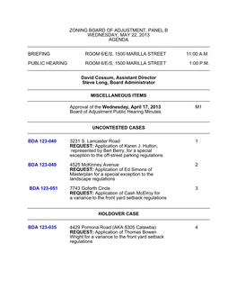 Zoning Board of Adjustment, Panel B Wednesday, May 22, 2013 Agenda