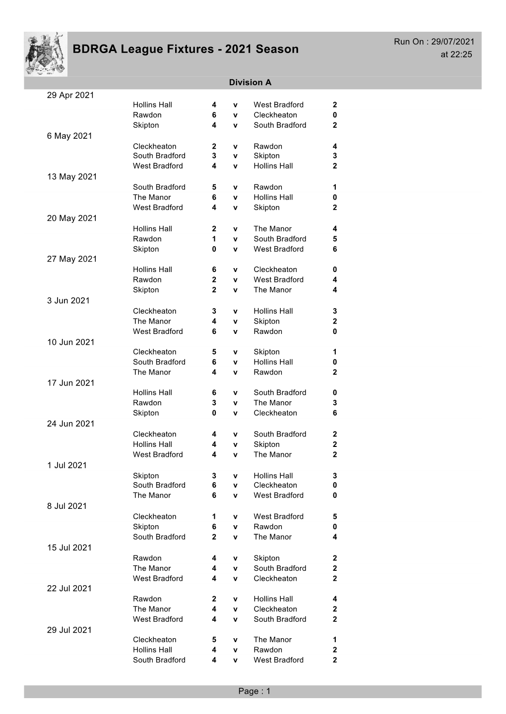 BDRGA League Fixtures - 2021 Season at 22:25