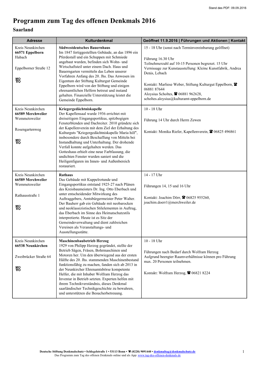 Programm Zum Tag Des Offenen Denkmals 2016 Saarland