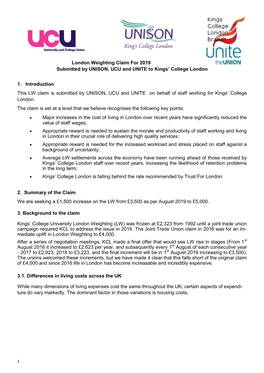 London Weighting Claim for 2019 Submitted by UNISON, UCU and UNITE to Kings’ College London