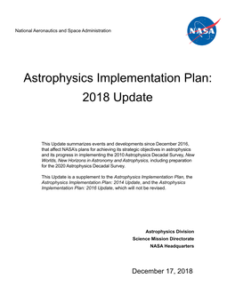 Astrophysics Implementation Plan: 2018 Update