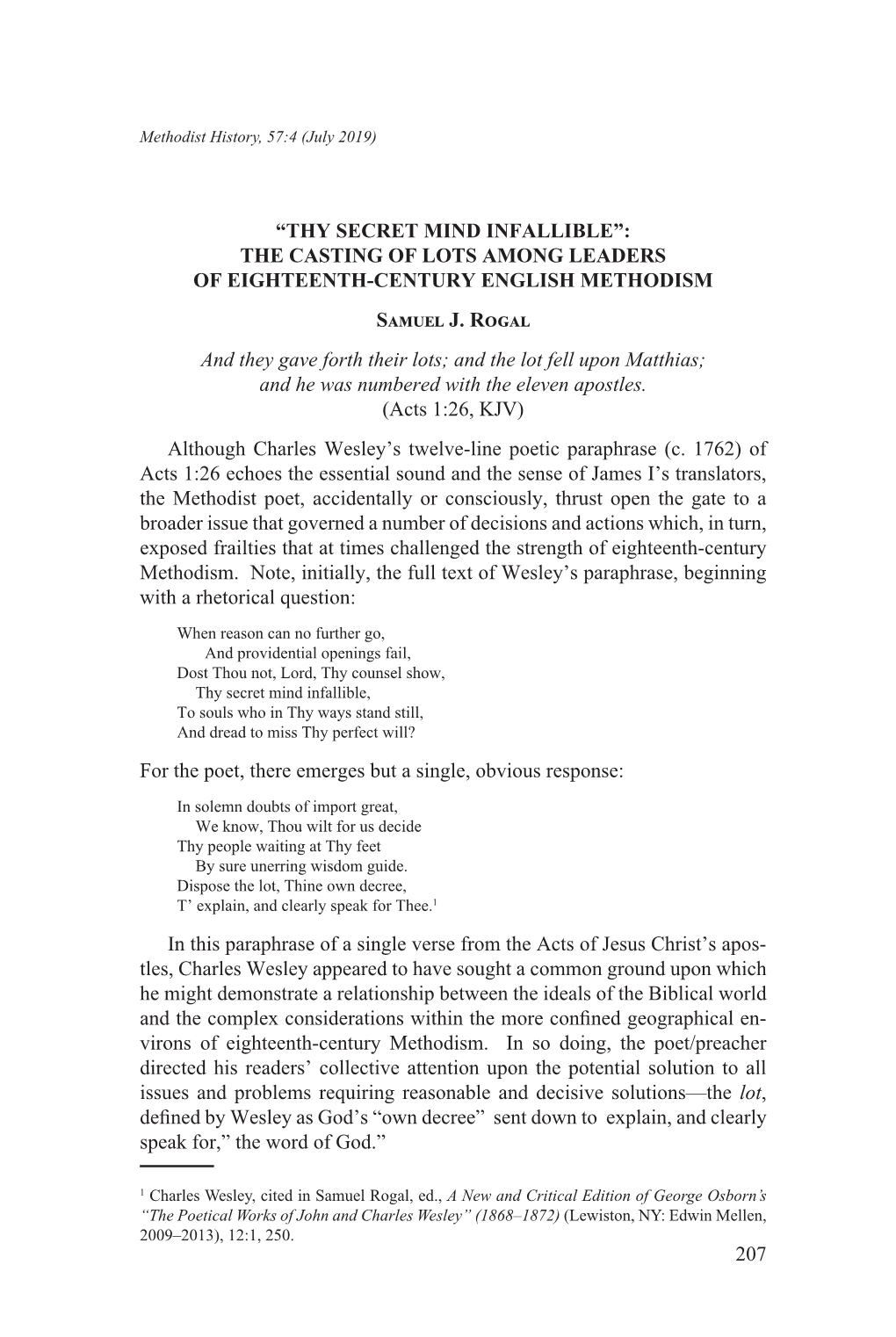 “THY SECRET MIND INFALLIBLE”: the CASTING of LOTS AMONG LEADERS of EIGHTEENTH-CENTURY ENGLISH METHODISM Samuel J