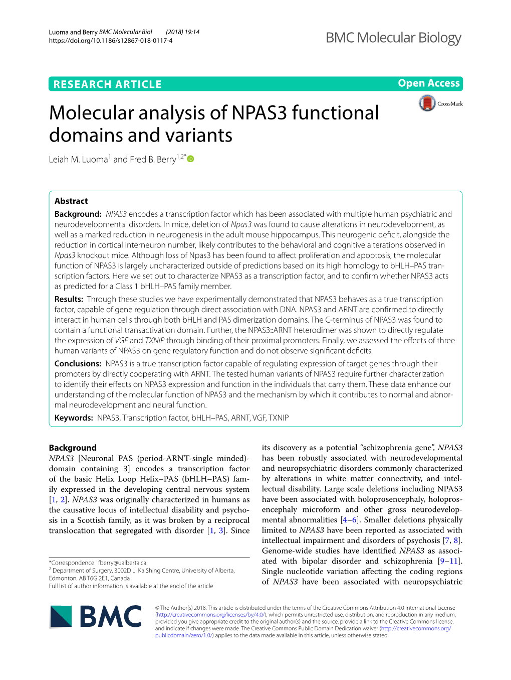Molecular Analysis of NPAS3 Functional Domains and Variants Leiah M