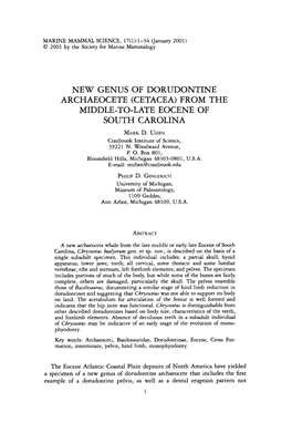New Genus of Dorudontine Archaeocete (Cetacea) from the Middle-To-Late Eocene of South Carolina Markd