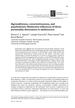 Agreeableness, Conscientiousness, and Psychoticism: Distinctive Inﬂuences of Three Personality Dimensions in Adolescence
