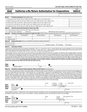 2020 FORM 8453-C California E-File Return Authorization for Corporations