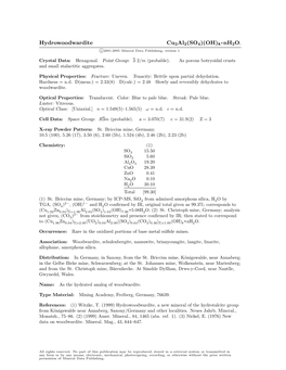 Hydrowoodwardite Cu2al2(SO4)(OH)8 • Nh2o. C 2001-2005 Mineral Data Publishing, Version 1