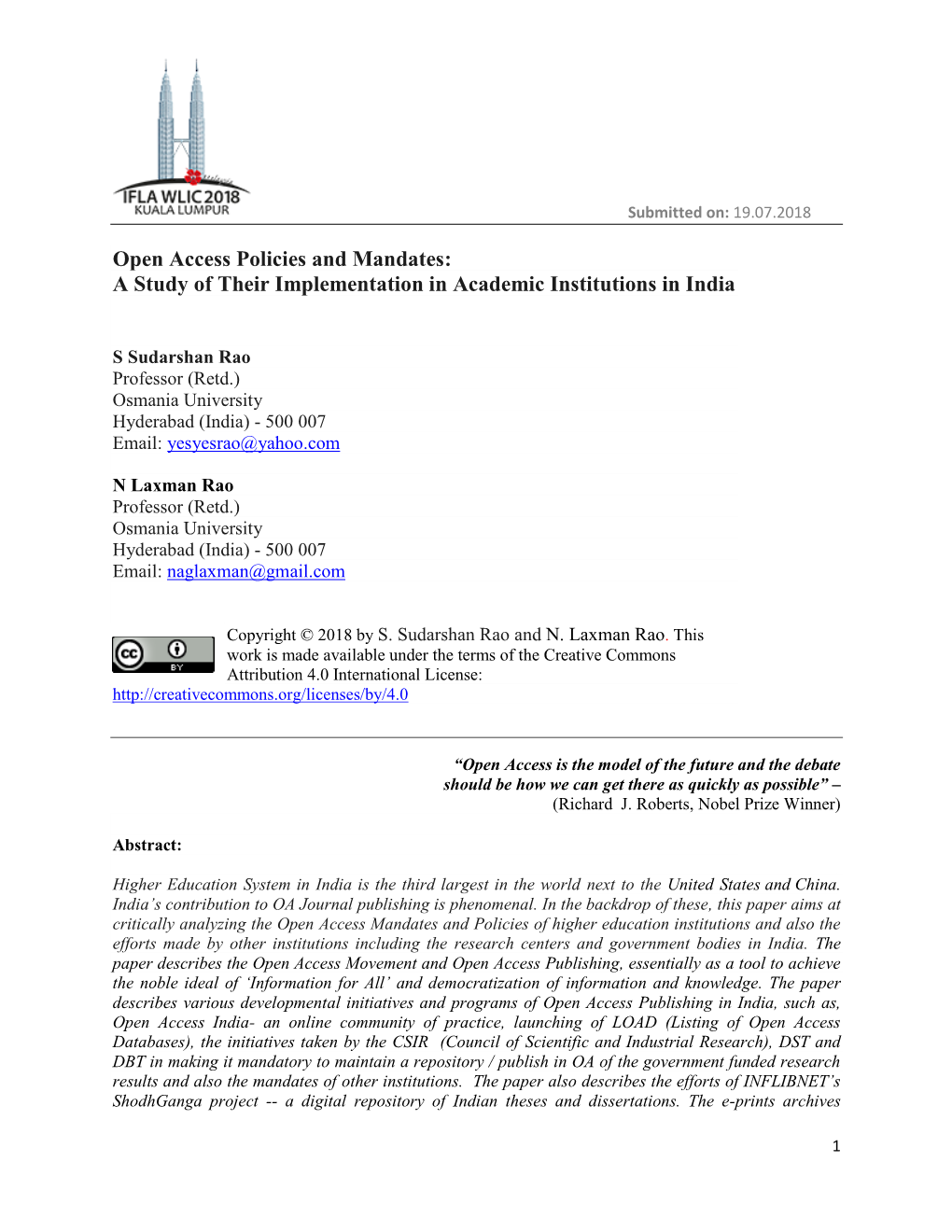 Open Access Policies and Mandates: a Study of Their Implementation in Academic Institutions in India