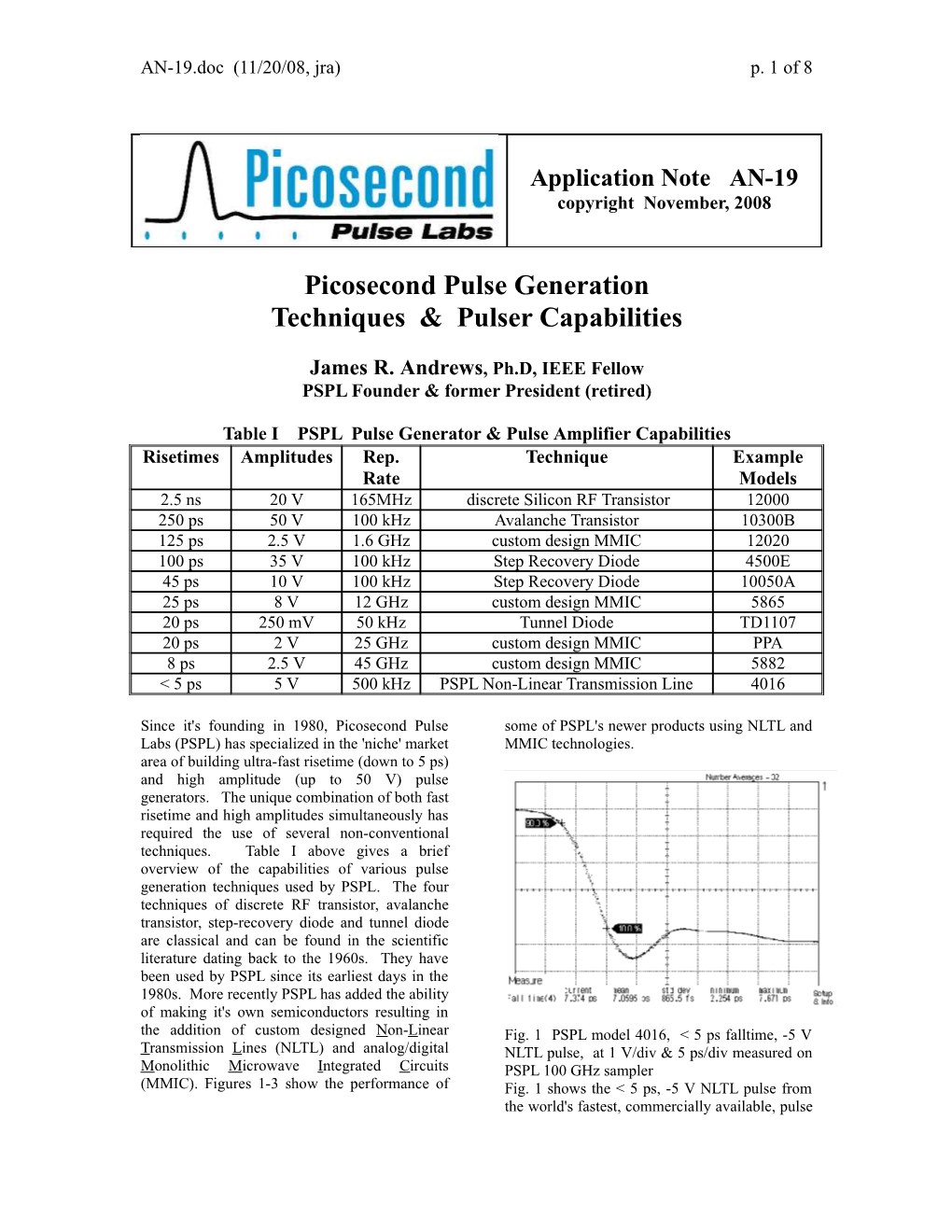 Picosecond Pulse Generation Techniques & Pulser Capabilities