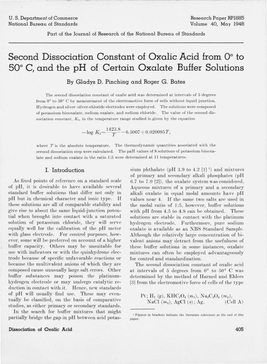 Second Dissociation Constant of Oxalic Acid from 00 to 50° C, And