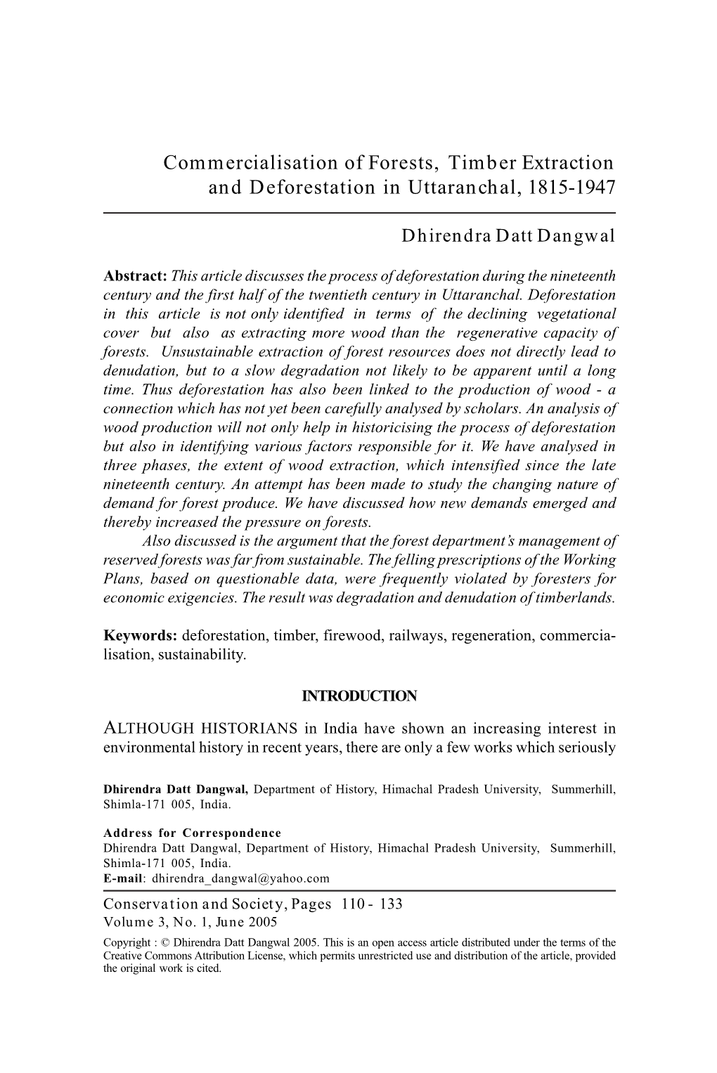 Commercialisation of Forests, Timber Extraction and Deforestation in Uttaranchal, 1815-1947