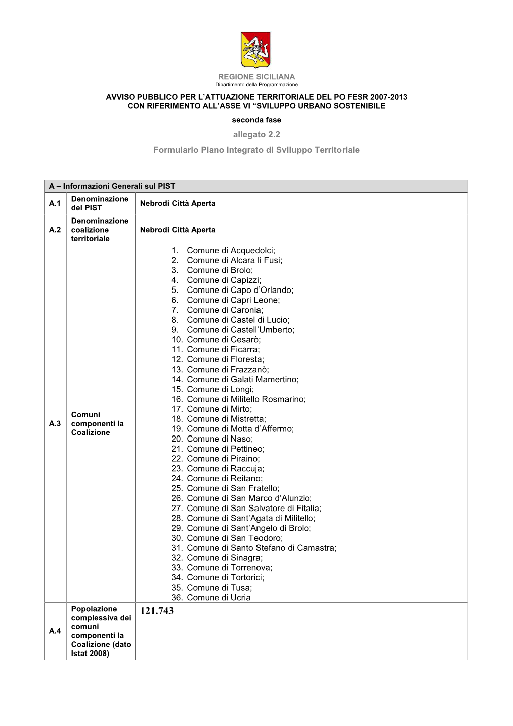 Allegato 2.2 Formulario Piano Integrato Di Sviluppo Territoriale 1