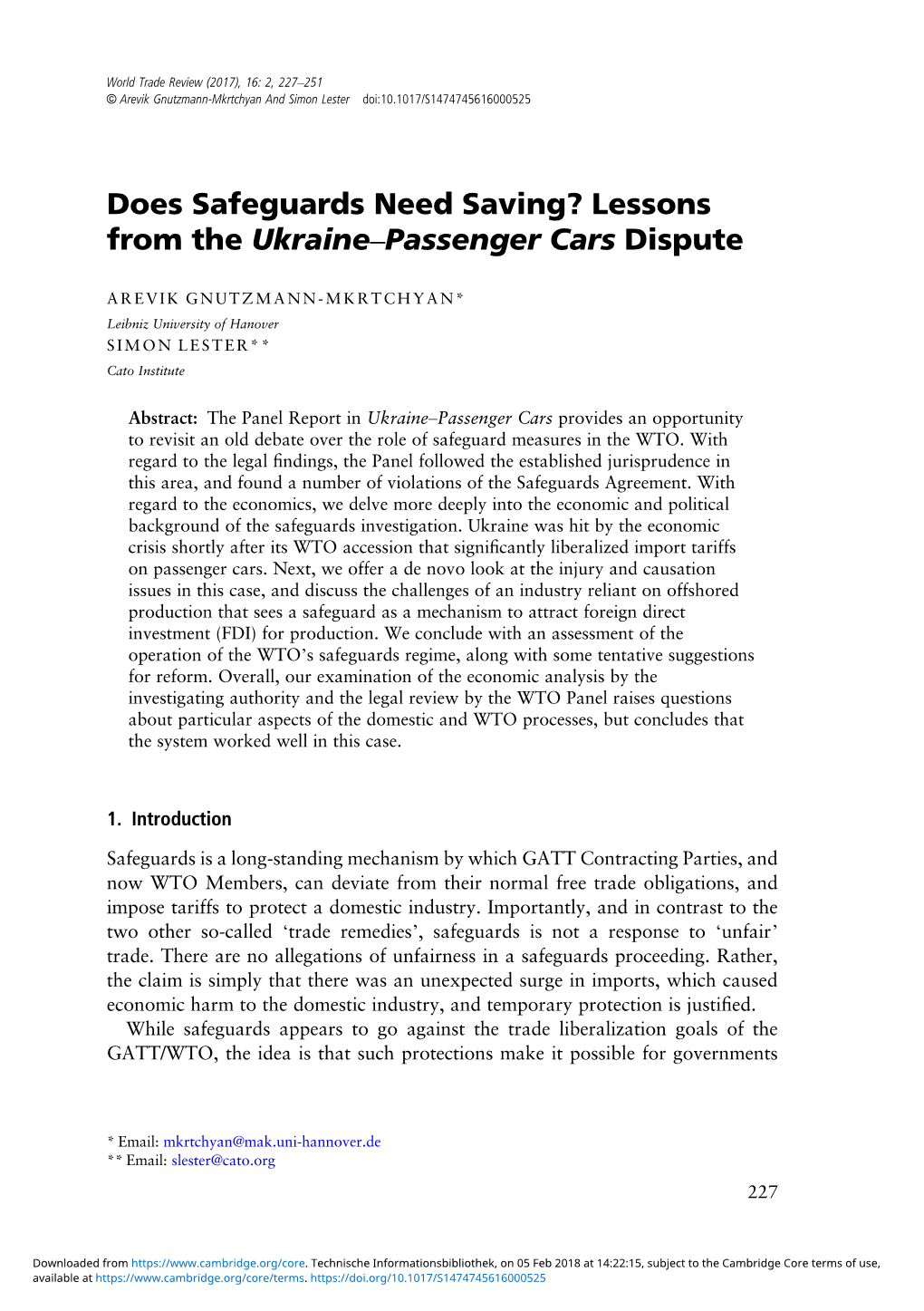 Does Safeguards Need Saving? Lessons from the Ukraine–Passenger Cars Dispute