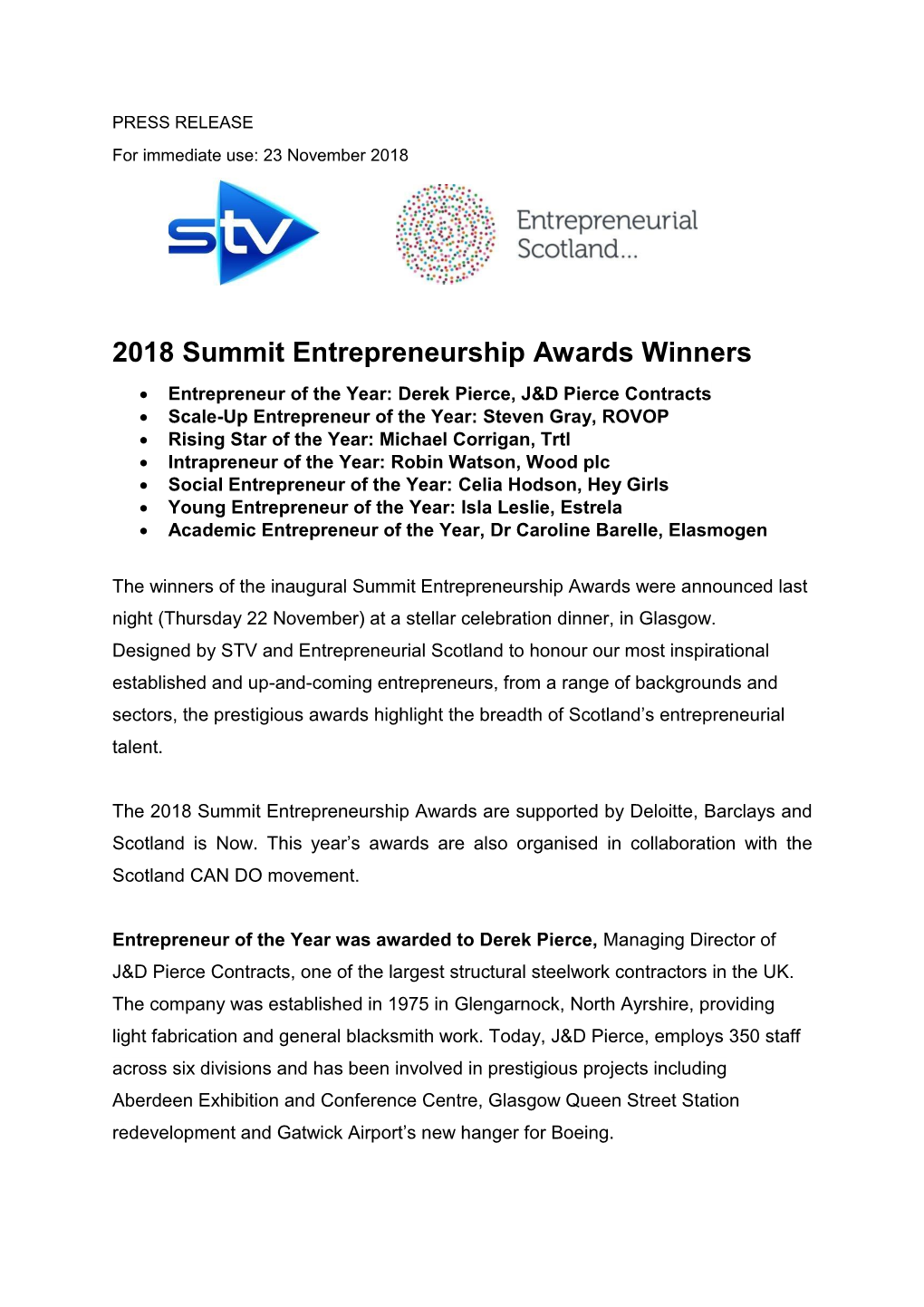 2018 Summit Entrepreneurship Awards Winners