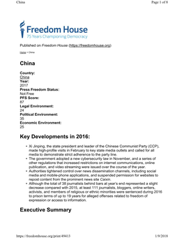 China Key Developments in 2016: Executive Summary