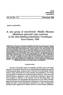 A New Group of Microfossils: Middle Miocene (Badenian) Opercular Caps (Calottae) of the Tube-Dwelling Polychaetes Vermiliopsis SAINT-JOSEPH, 1894