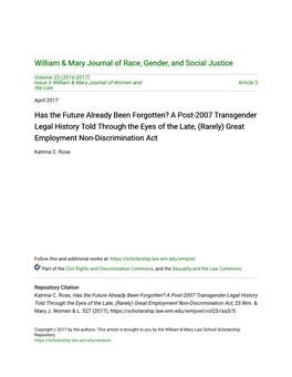 A Post-2007 Transgender Legal History Told Through the Eyes of the Late, (Rarely) Great Employment Non-Discrimination Act