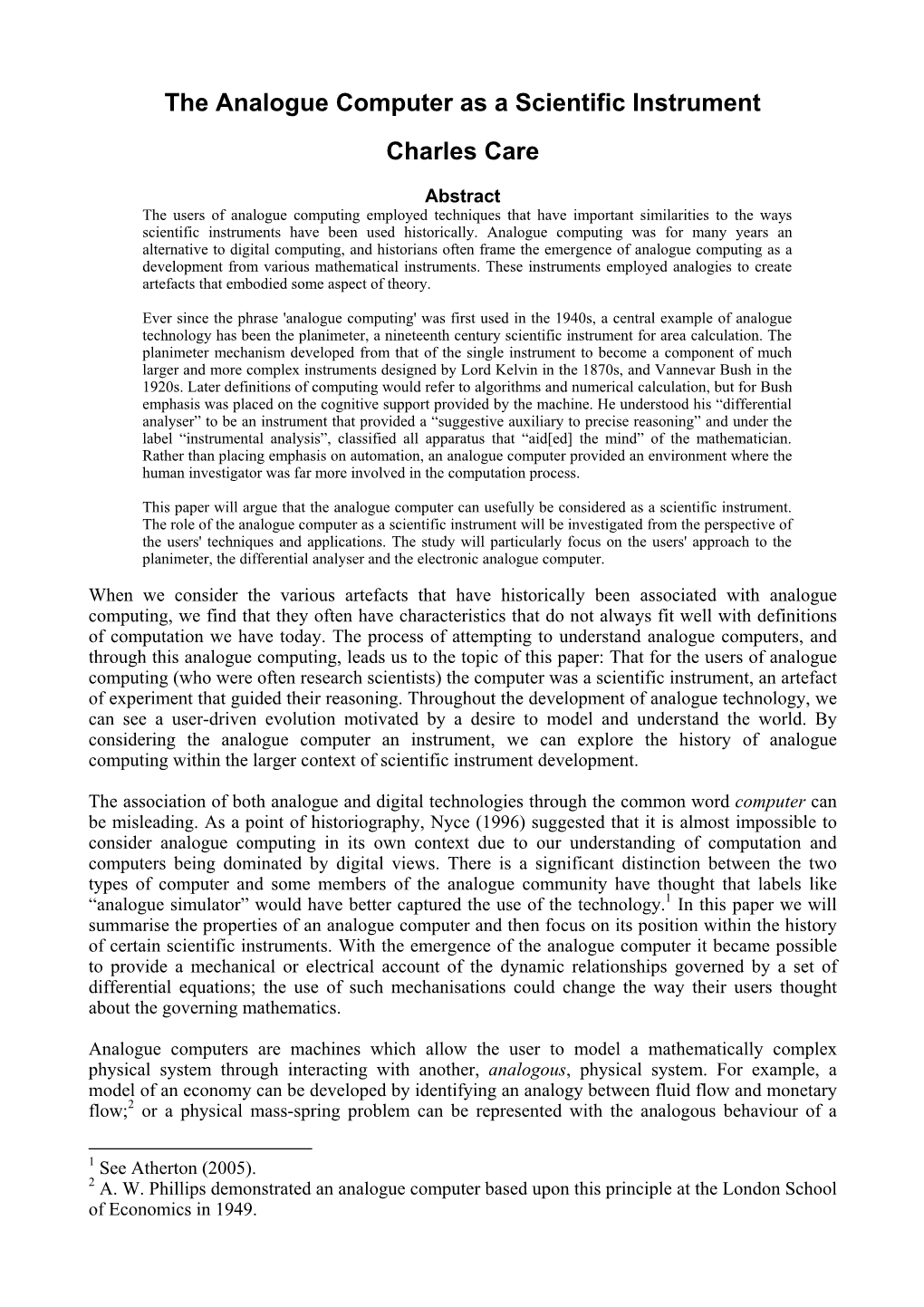 The Analogue Computer As a Scientific Instrument Charles Care