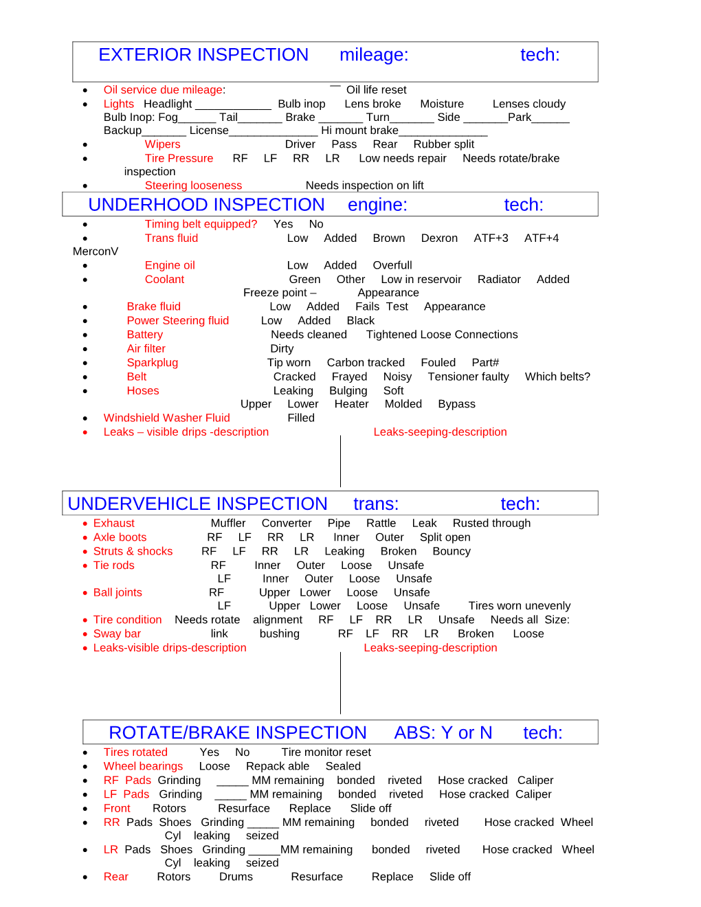 EXTERIOR INSPECTION Mileage: Tech