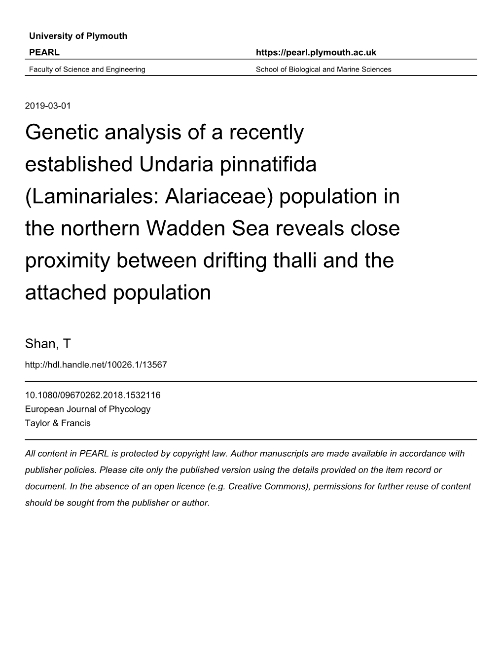 Genetic Analysis of a Recently Established Undaria Pinnatifida