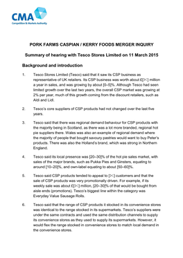 Pork Farms / Kerry Foods: Summary of Hearing with Tesco on 11 March 2015