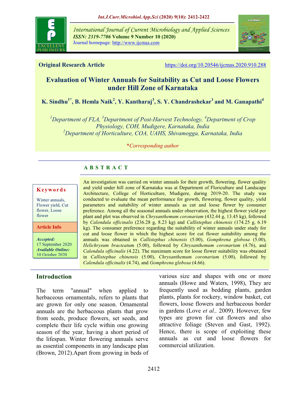 Evaluation of Winter Annuals for Suitability As Cut and Loose Flowers Under Hill Zone of Karnataka