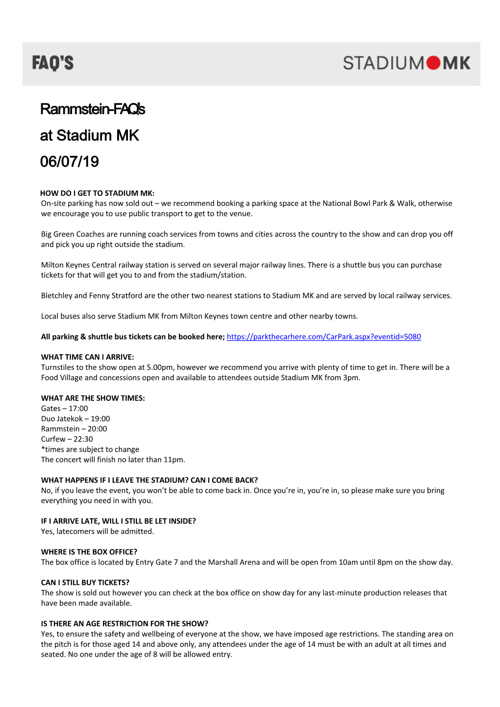 R a M M S T E I N - FAQ’S at Stadium MK 06/07/19