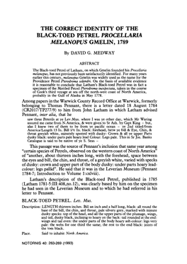 The Correct Identity of the Black-Toed Petrel Procellaria Melanopus Gmelin, 1789