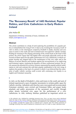 The 'Recusancy Revolt' of 1603 Revisited, Popular Politics, and Civic Catholicism in Early Modern Ireland