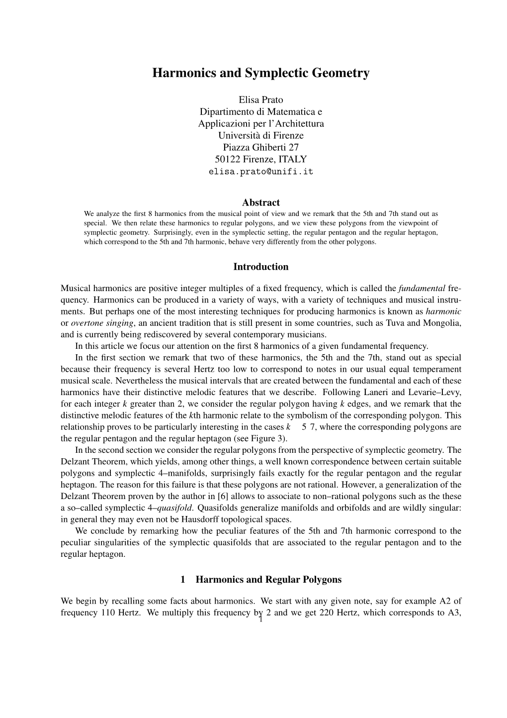 Harmonics and Symplectic Geometry