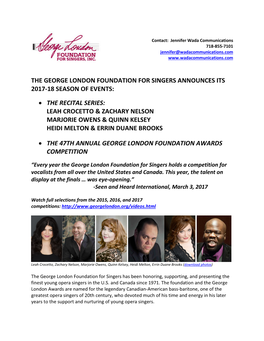 The George London Foundation for Singers Announces Its 2017-18 Season of Events