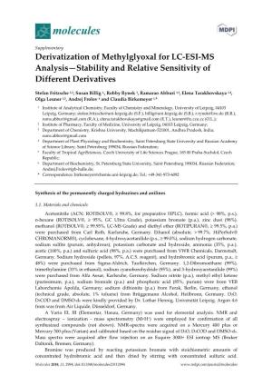Derivatization of Methylglyoxal for LC-ESI-MS Analysis—Stability and Relative Sensitivity of Different Derivatives
