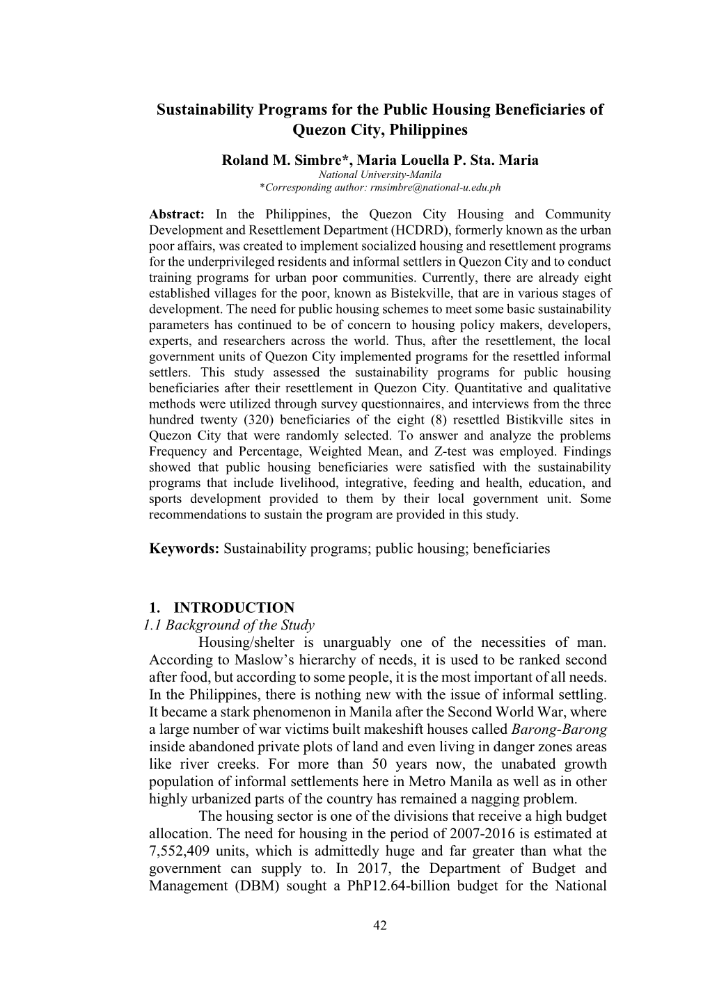 Sustainability Programs for the Public Housing Beneficiaries of Quezon City, Philippines Roland M