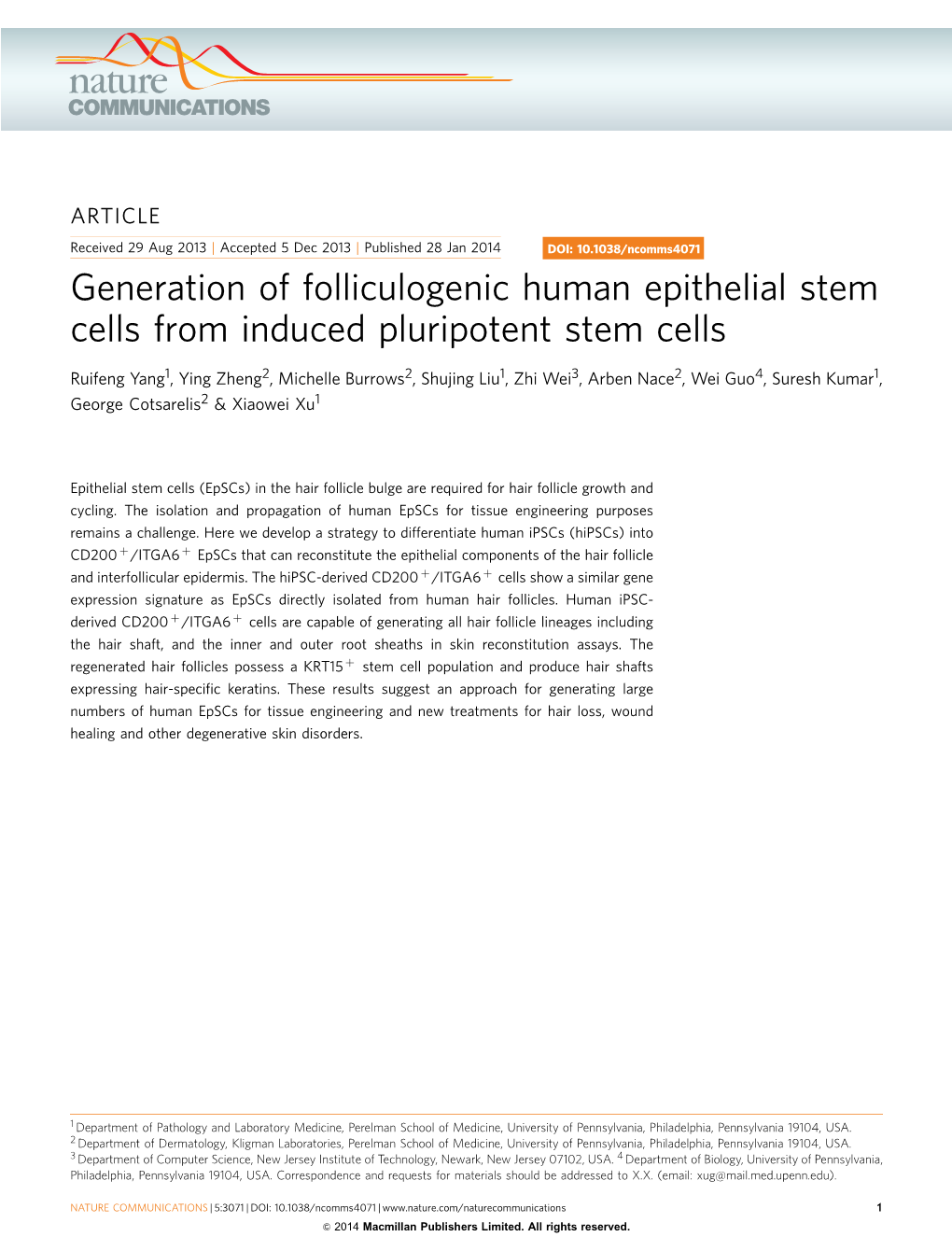 Generation of Folliculogenic Human Epithelial Stem Cells from Induced Pluripotent Stem Cells