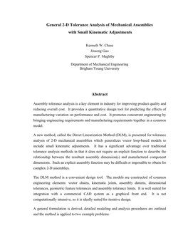 General 2-D Tolerance Analysis of Mechanical Assemblies with Small Kinematic Adjustments