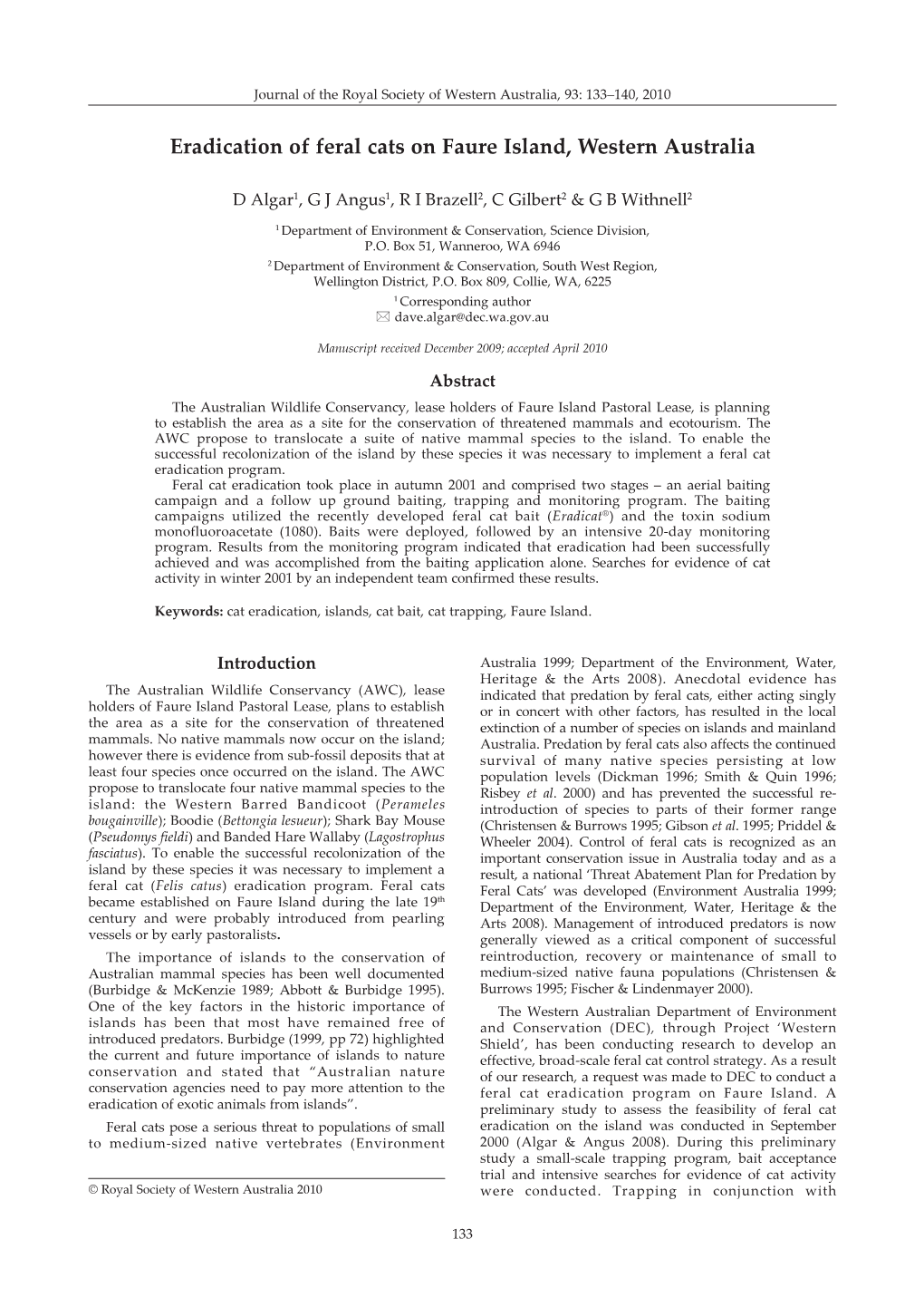 Eradication of Feral Cats on Faure Island, Western Australia