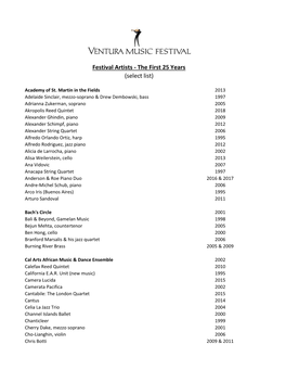 Festival Artists - the First 25 Years (Select List)