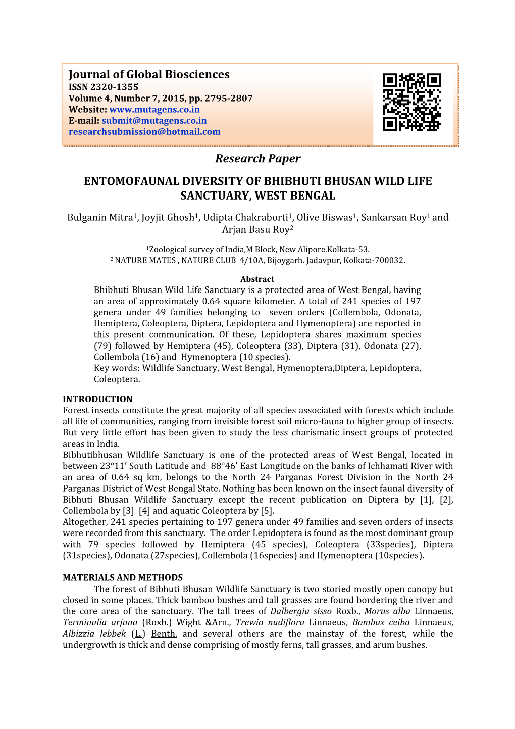 Research Paper ENTOMOFAUNAL DIVERSITY of BHIBHUTI BHUSAN WILD LIFE SANCTUARY, WEST BENGAL