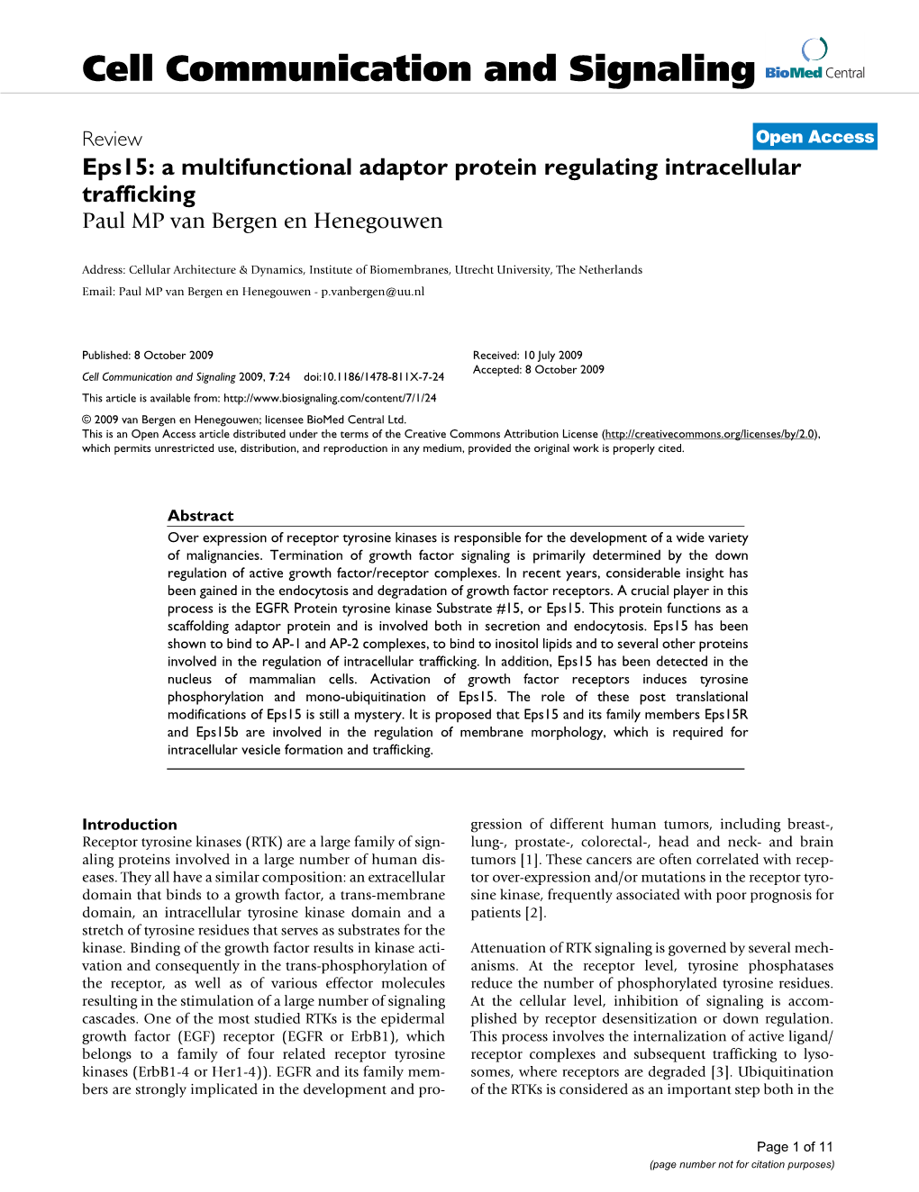 Eps15: a Multifunctional Adaptor Protein Regulating Intracellular Trafficking Paul MP Van Bergen En Henegouwen