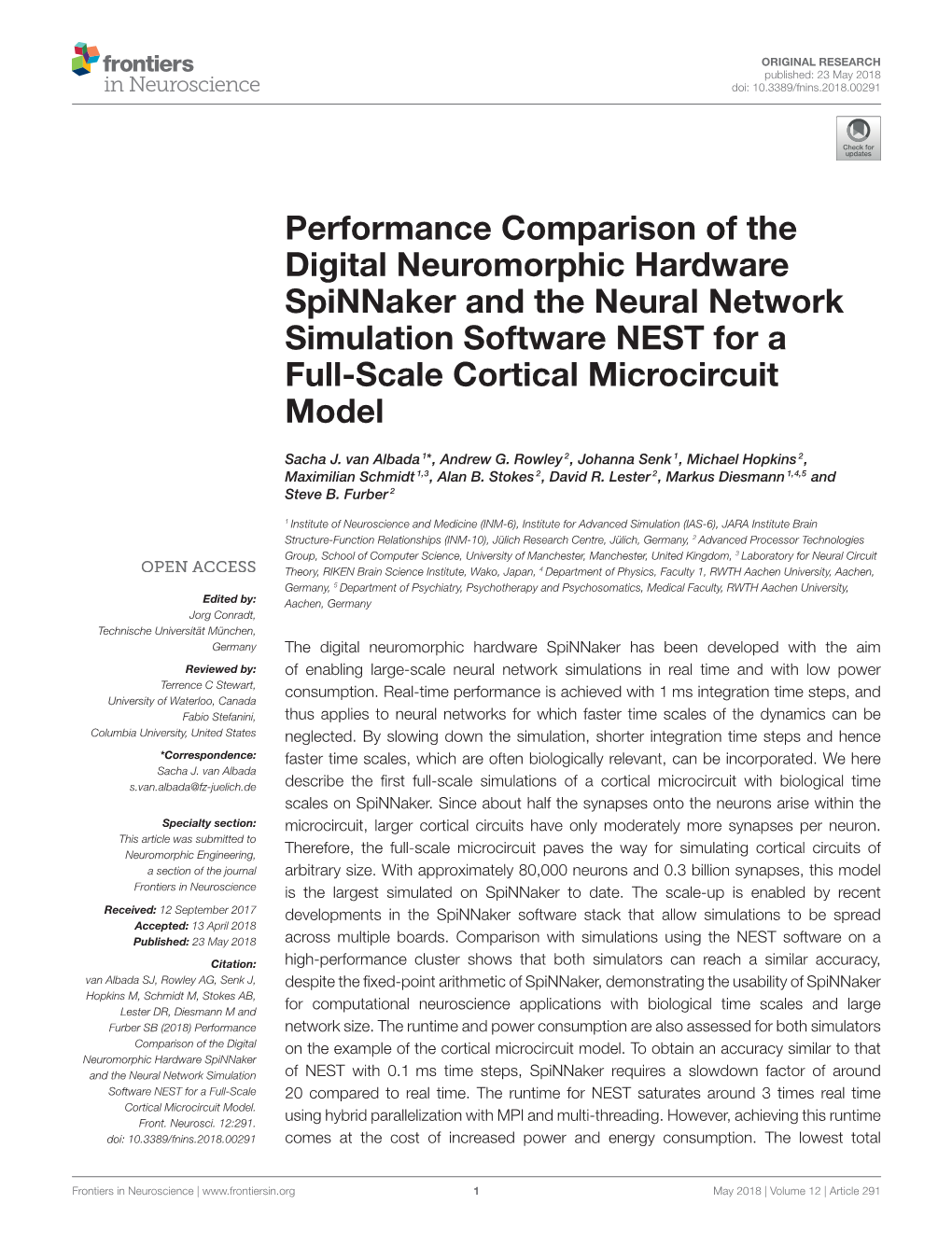 Performance Comparison of the Digital Neuromorphic Hardware Spinnaker and the Neural Network Simulation Software NEST for a Full-Scale Cortical Microcircuit Model