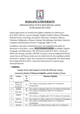 RAIGANJ UNIVERSITY Admission Notice for M.A./M.Sc/M.Com