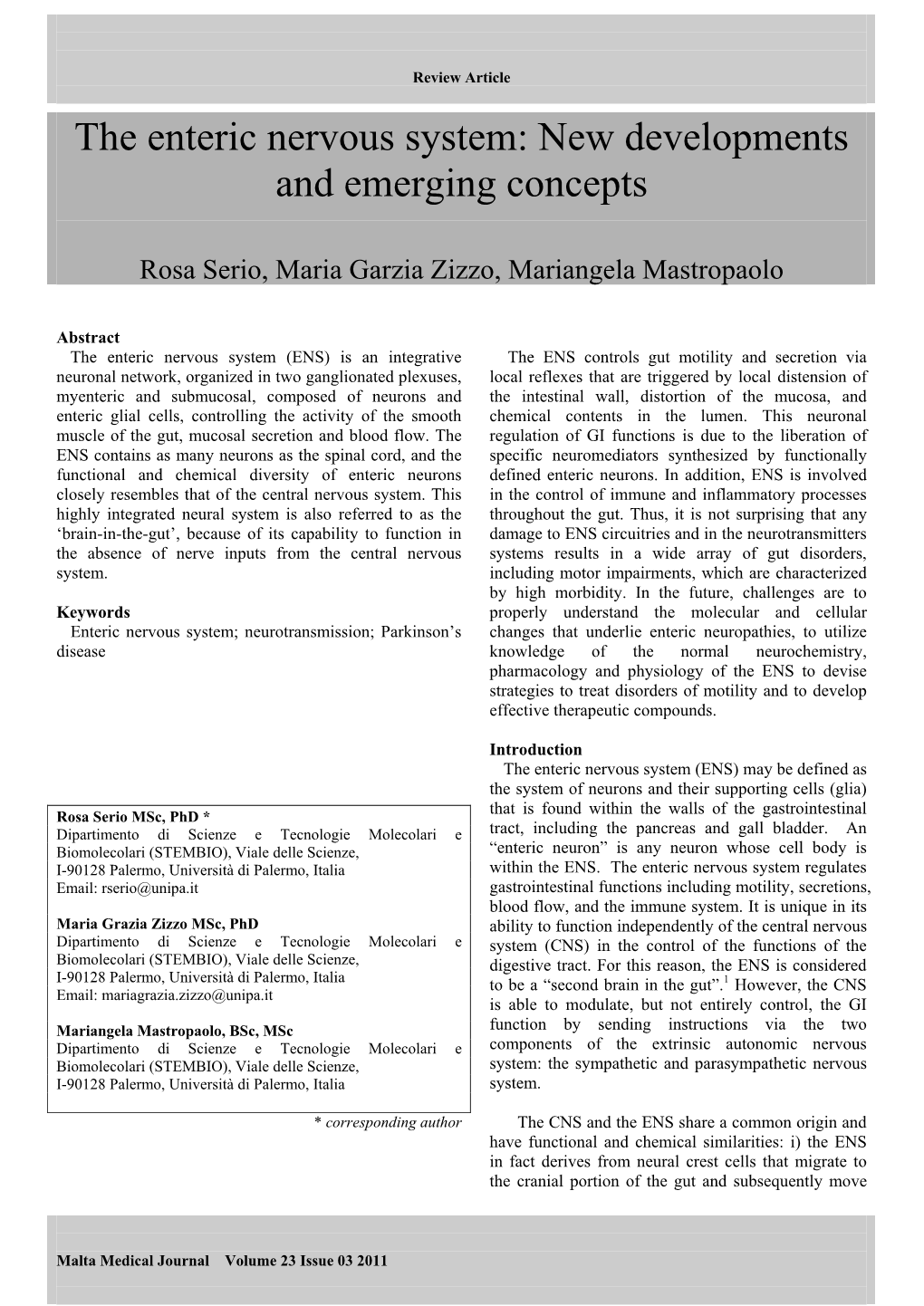 The Enteric Nervous System: New Developments and Emerging Concepts